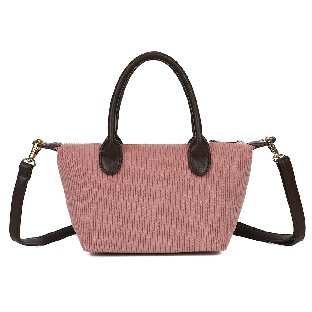 Dos du sac La Léandra rose foncé, texture velours côtelé et deux anses arrondies marron foncé – réf. Z-05-8
