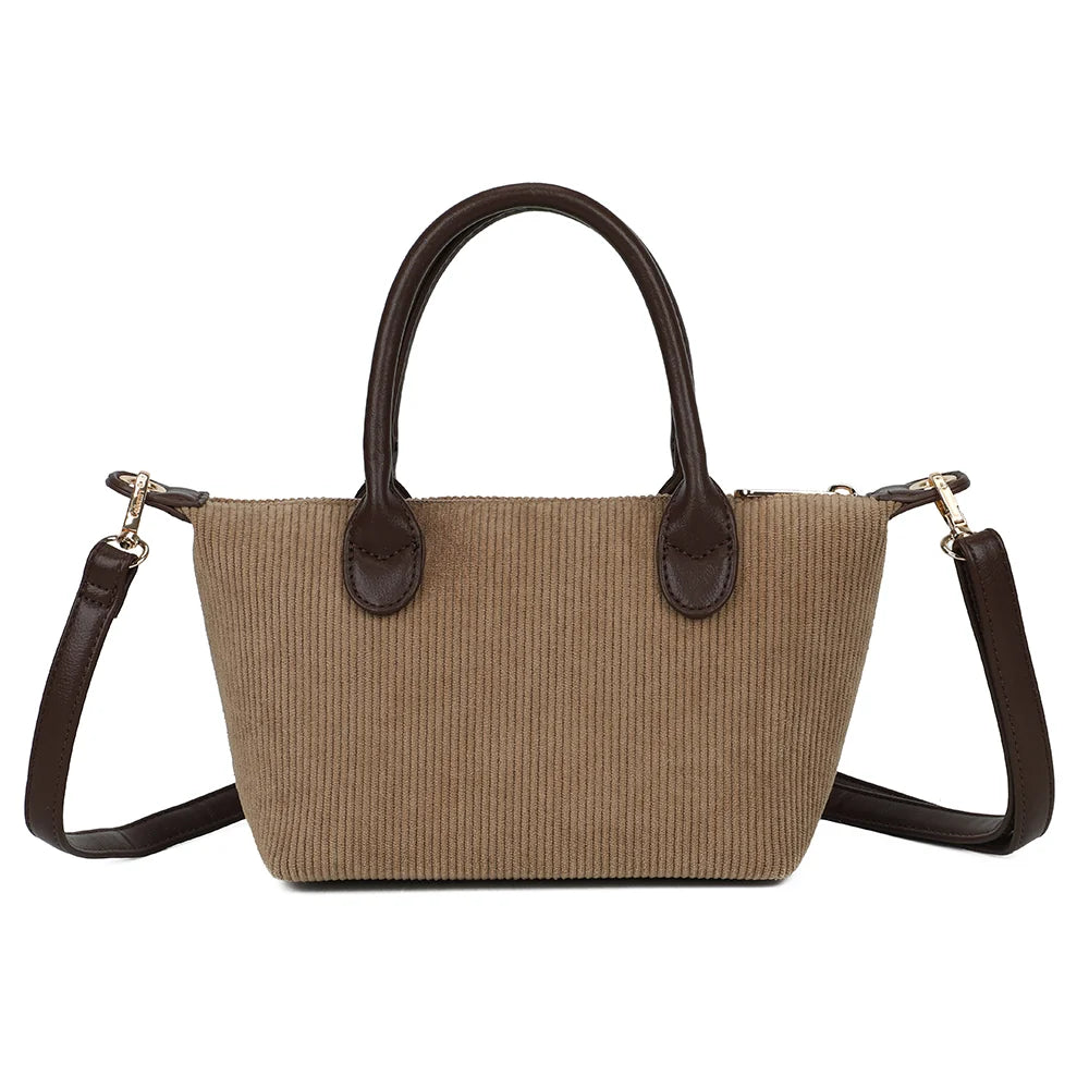 Dos du sac La Léandra taupe foncé, texture velours côtelé et deux anses arrondies marron foncé – réf. Z-05-8