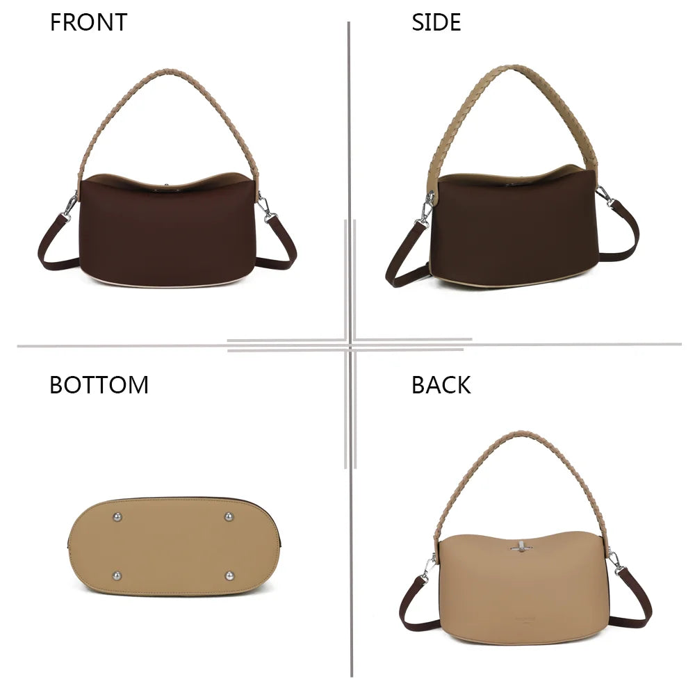 La Lison coffee/taupe sous quatre angles : face, profil, dessous et dos du sac à anse tressée – réf. LS-76010