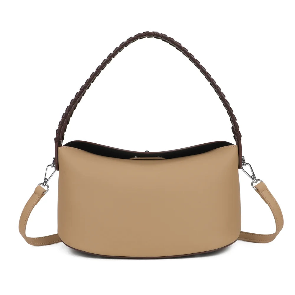 Sac à main femme La Lison taupe/coffee, anse tressée et bandoulière amovible – Gallantry Paris – réf. LS-76010