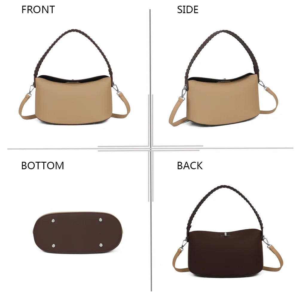 La Lison taupe/coffee sous quatre angles : face, profil, dessous et dos du sac à anse tressée – réf. LS-76010