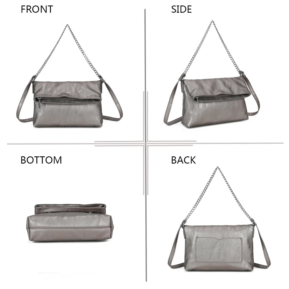 La Marilou argent sous quatre angles : face, côté, dessous et dos du sac à rabat – réf. Z-83096