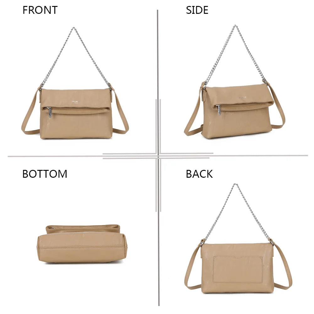 La Marilou taupe sous quatre angles : face, côté, dessous et dos du sac à rabat – réf. Z-83096
