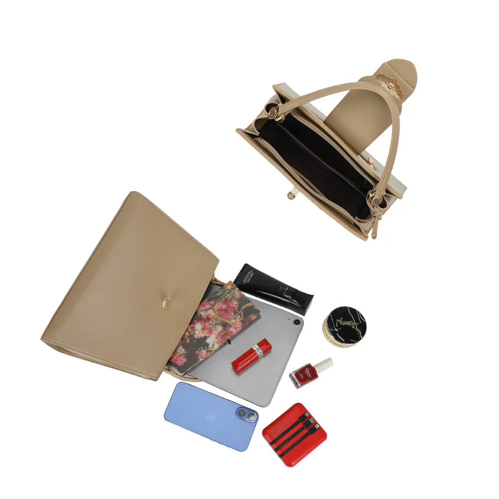 Intérieur de La Maristella taupe foncé : grand compartiment doublé qui accueille tablette et smartphone – réf. LS-76005