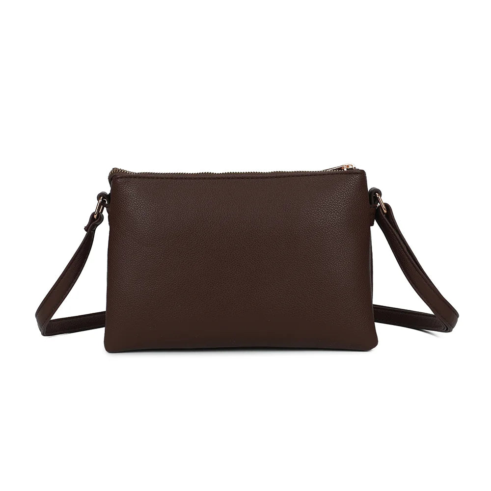 Dos de La Méline café en simili cuir grainé, avec sa bandoulière réglable à boucle dorée – réf. A-9175