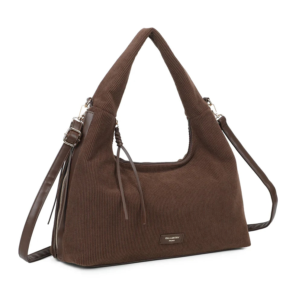 La Mélodie café de trois quarts : silhouette souple et arrondie, zip latéral bordé façon cuir – réf. JC-53010