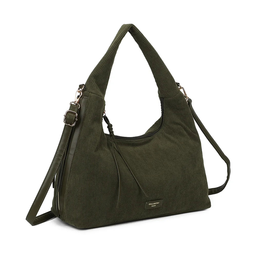 La Mélodie vert foncé de trois quarts : silhouette souple et arrondie, zip latéral bordé façon cuir – réf. JC-53010