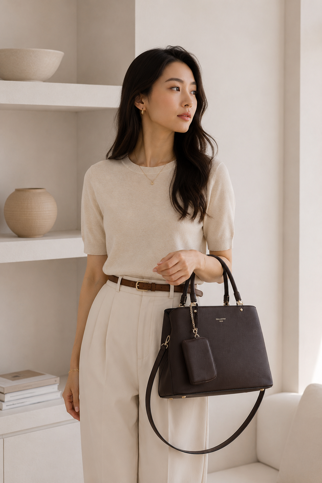 Femme portant le sac à main La Modena à la main – visuel d’ambiance créé avec l’IA – Gallantry Paris