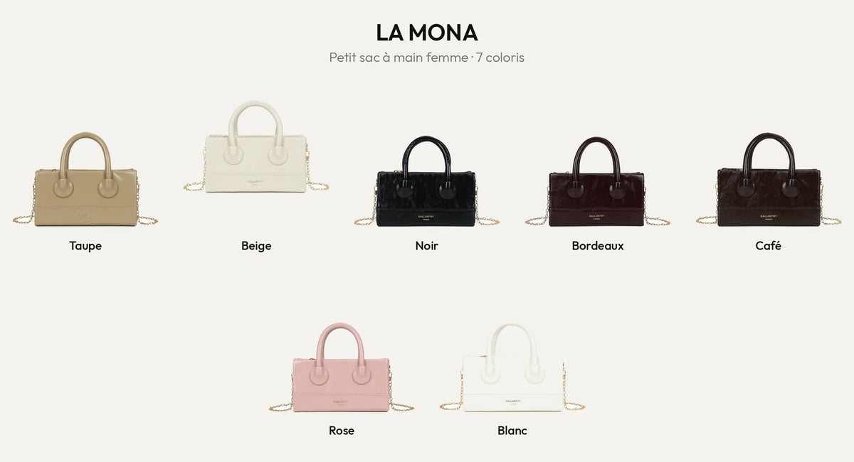 Petit sac à main femme La Mona en 7 coloris : taupe, beige, noir, bordeaux, coffee, rose et blanc – Gallantry Paris – réf. YL-26025