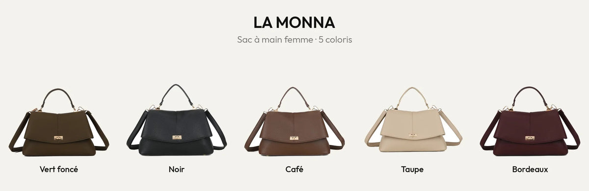 Sac à main femme La Monna en simili cuir grainé, coloris Vert Foncé, Noir, Coffee, Taupe et Bordeaux – Gallantry Paris – réf. R-2057