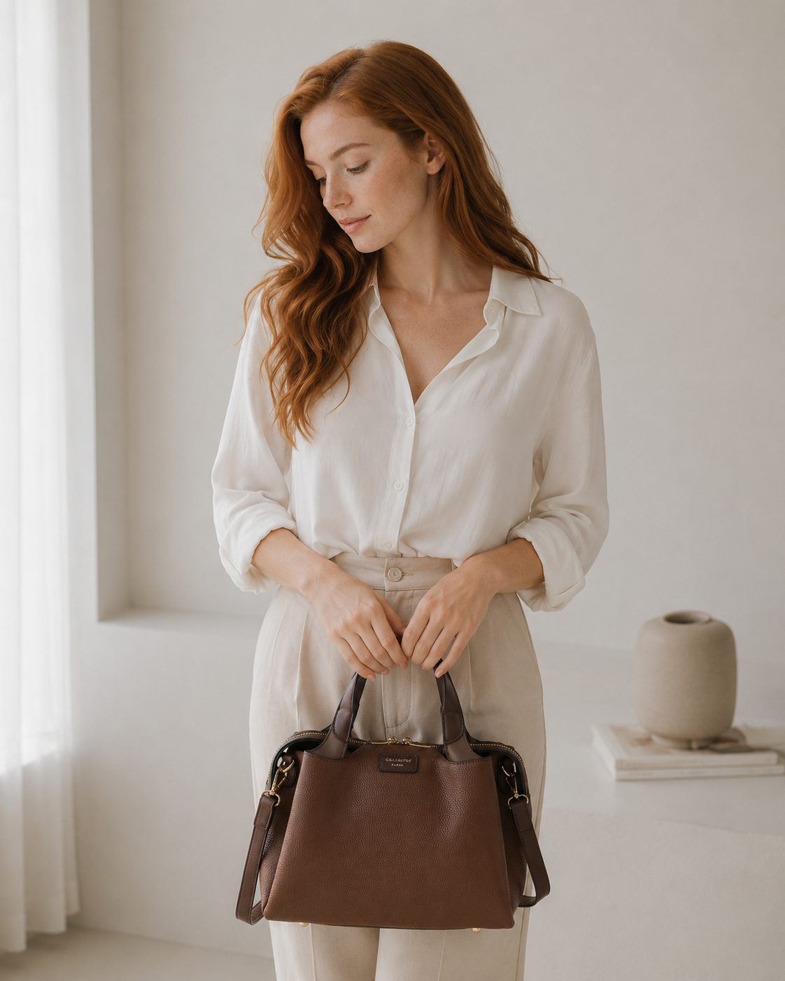 Femme portant le sac à main La Montaigne coloris Coffee – visuel d’ambiance créé avec l’IA – Gallantry Paris