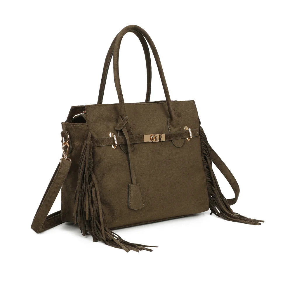 La Nacara vert foncé vu de trois quarts : silhouette structurée, longues franges et pendentif assorti – réf. KJ-62102