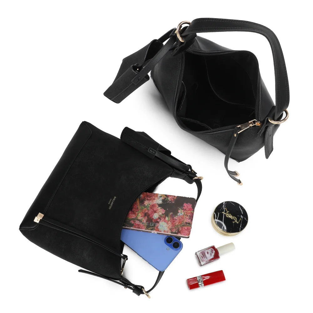 Intérieur de La Norya noir : compartiment principal zippé et rangements pour téléphone et petits essentiels – réf. A-9179
