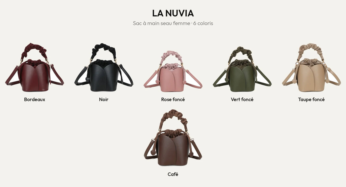 Sac à main seau La Nuvia en six coloris : bordeaux, noir, rose foncé, vert foncé, taupe foncé et coffee – Gallantry Paris – réf. DQ-8727