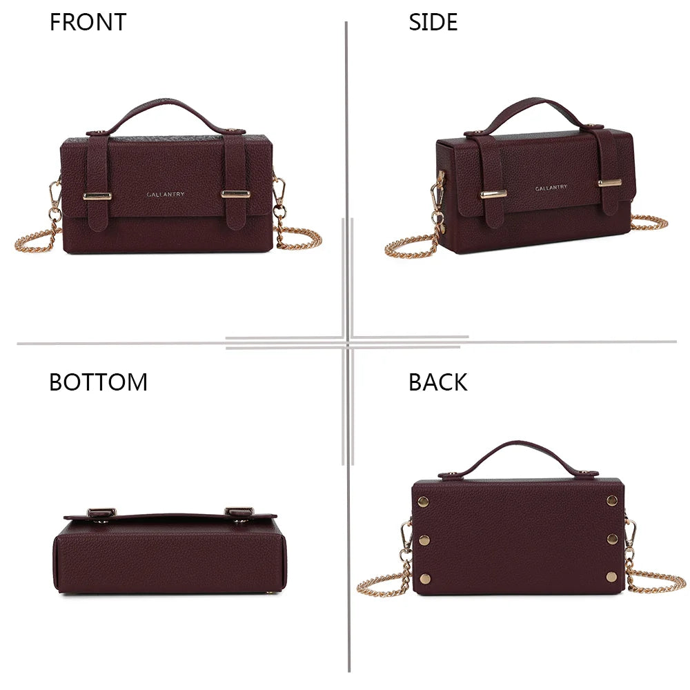 La Pomone en bordeaux sous tous les angles : face, côté, dessous et dos de ce petit sac boîte – réf. MW-24001-1