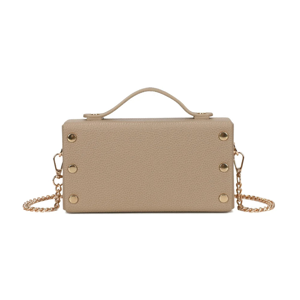 Vue de dos de La Pomone en taupe : forme boîte rectangulaire et anse courte en simili cuir grainé – réf. MW-24001-1