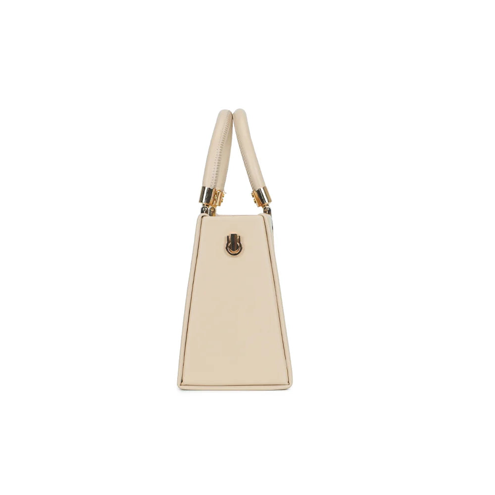 La Prima beige de profil : anneau latéral doré pour accrocher la bandoulière amovible – réf. YL-26020