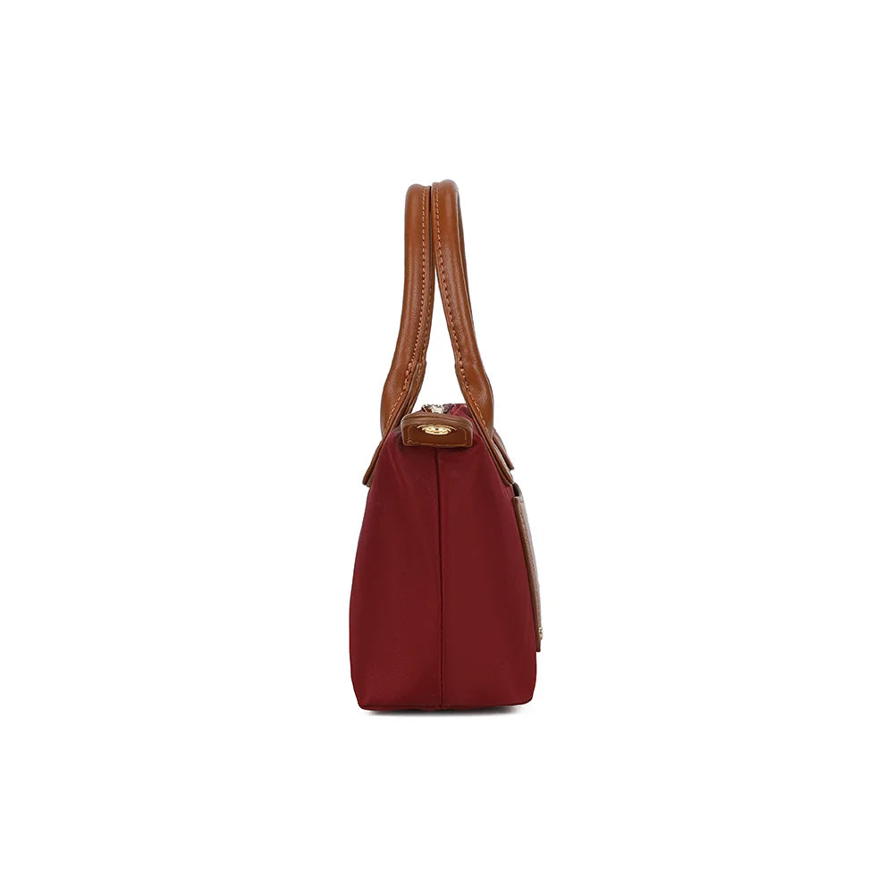 Profil de La Romane bordeaux : 9 cm de profondeur et patte latérale cognac à attache dorée – réf. Z-05-6