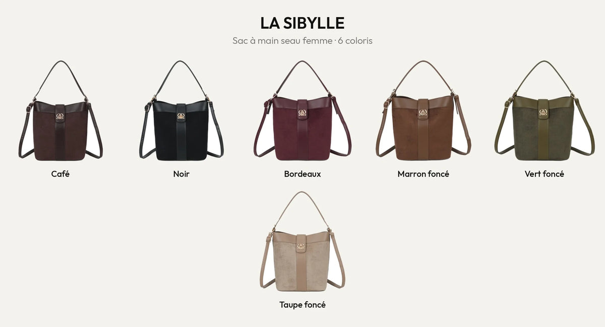 Sac à main seau La Sibylle en 6 coloris : Coffee, Noir, Bordeaux, Brun foncé, Vert foncé et Taupe foncé – Gallantry Paris – réf. KJ-62105