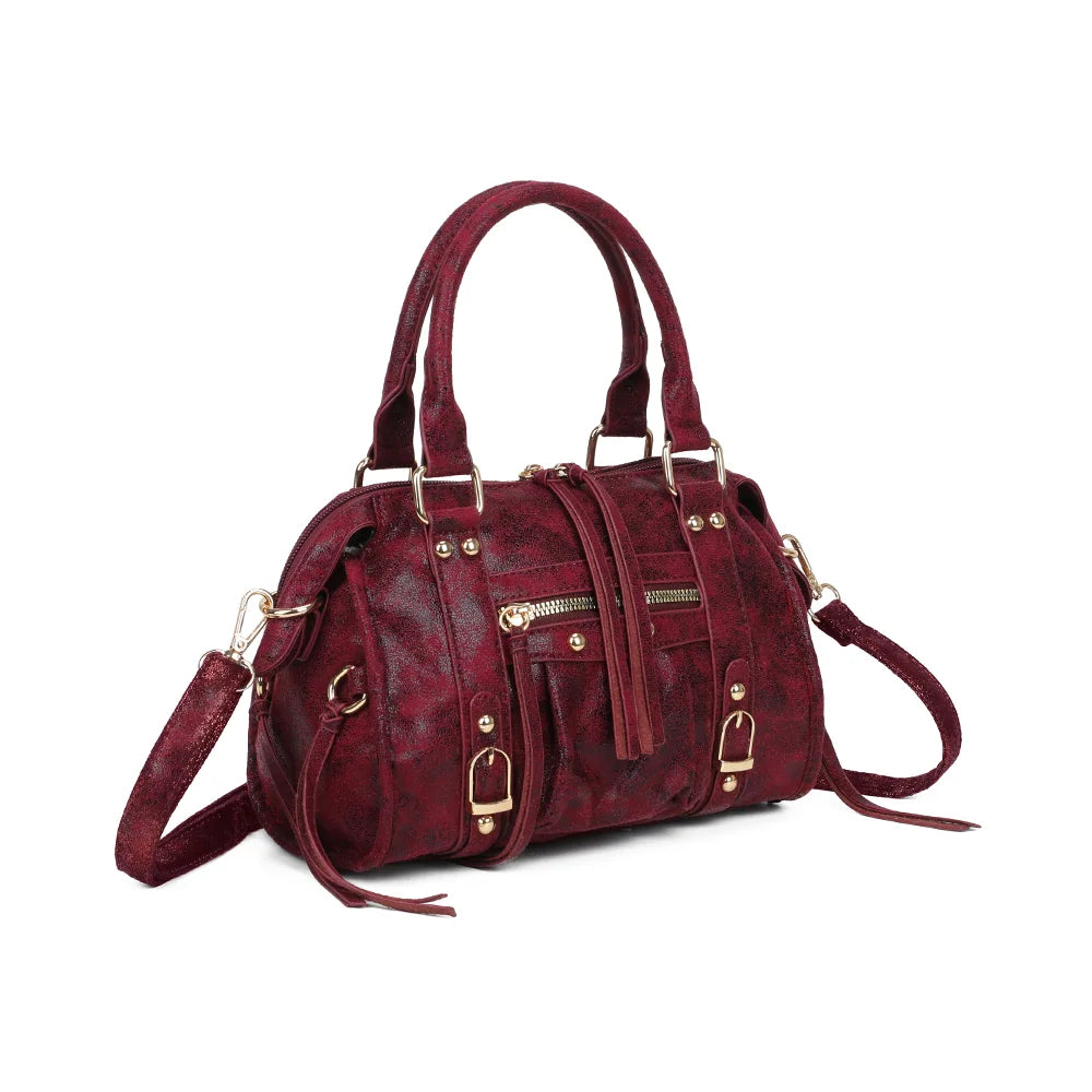 La Skyla Velvet bordeaux de trois quarts : silhouette bowling compacte et poche zippée en façade – réf. Z-1979-8