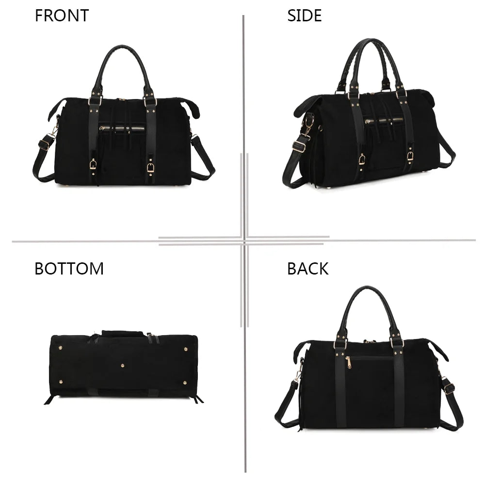La Skyla XL Suède noir sous quatre angles : face, côté, dessous et dos du grand sac effet suédine – réf. M-1979-7B