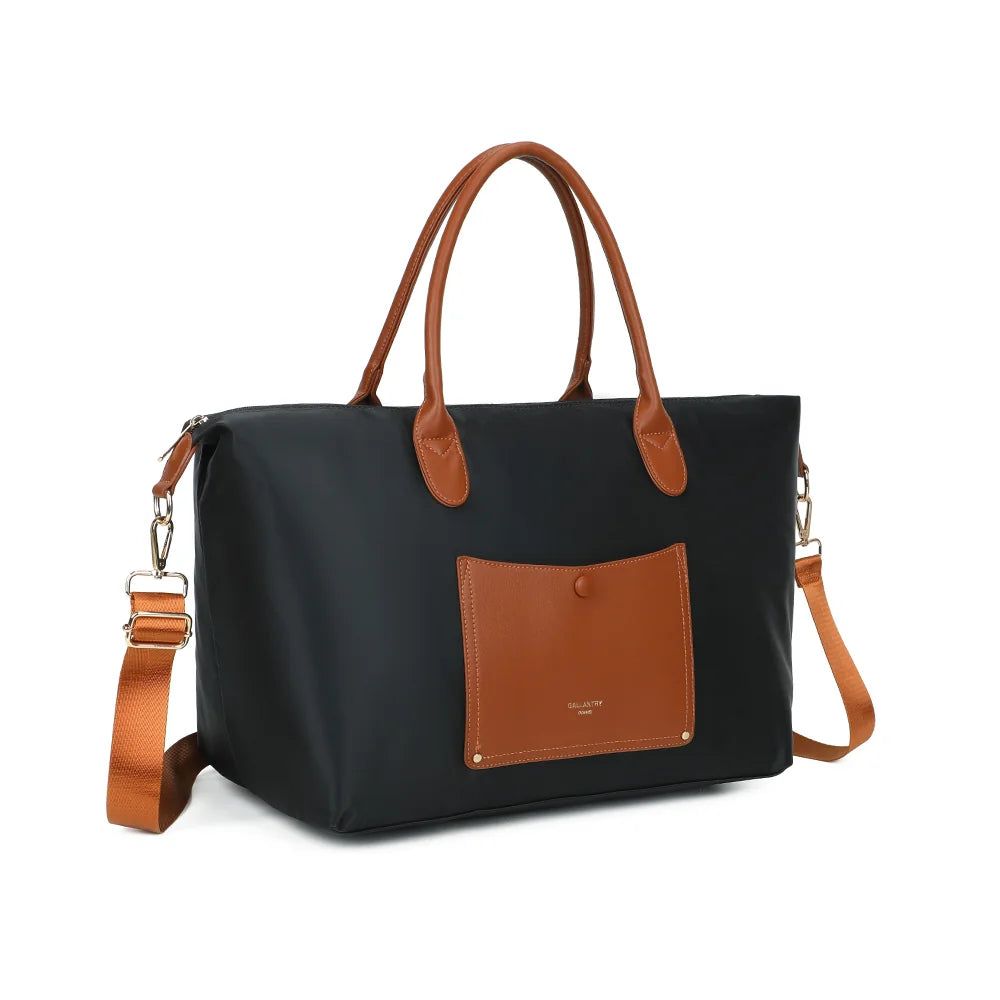 La Vadrouille Chic noir de trois quarts : volume généreux et longues anses couleur cognac – réf. Z-04-1