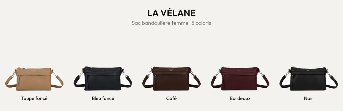 Sac bandoulière La Vélane en 5 coloris : taupe foncé, bleu foncé, café, bordeaux et noir – Gallantry Paris – réf. A-9176