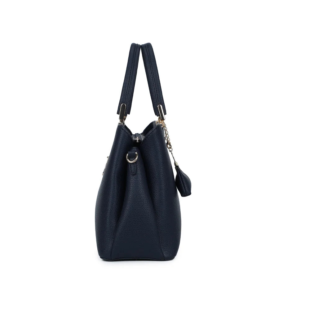 Profil de La Vérone bleu foncé : soufflet latéral et anneau doré pour la bandoulière – réf. M-9130-1