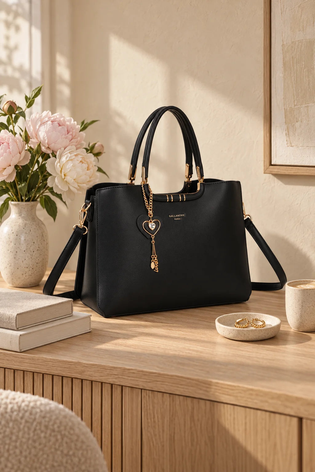 Sac à main Le Ambrélia posé sur une console avec des livres et des fleurs – visuel d’ambiance créé avec l’IA – Gallantry Paris
