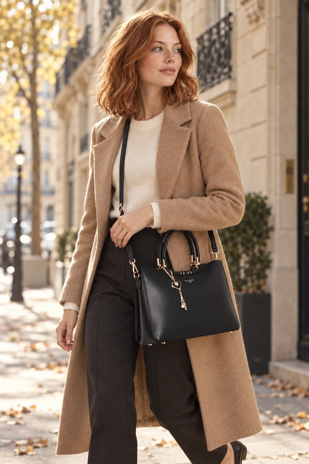 Femme portant le sac à main Le Ambrélia au creux du bras dans une rue parisienne – visuel d’ambiance créé avec l’IA – Gallantry Paris