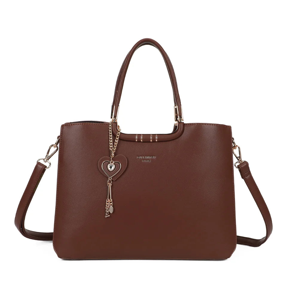 Sac à main femme Le Ambrélia marron foncé, bijou cœur doré et bandoulière amovible – Gallantry Paris – réf. DQ-8742