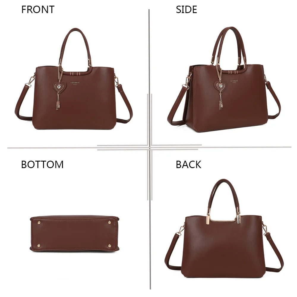 Le Ambrélia marron foncé sous quatre angles : face, côté, dessous et dos du sac à main – réf. DQ-8742