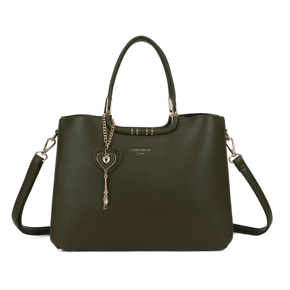 Sac à main femme Le Ambrélia vert foncé, bijou cœur doré et bandoulière amovible – Gallantry Paris – réf. DQ-8742