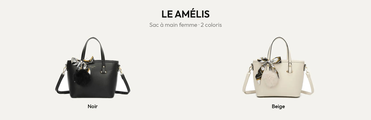 Sac à main femme Le Amélis en noir et beige, avec foulard et pompon – Gallantry Paris – réf. M-9401-2