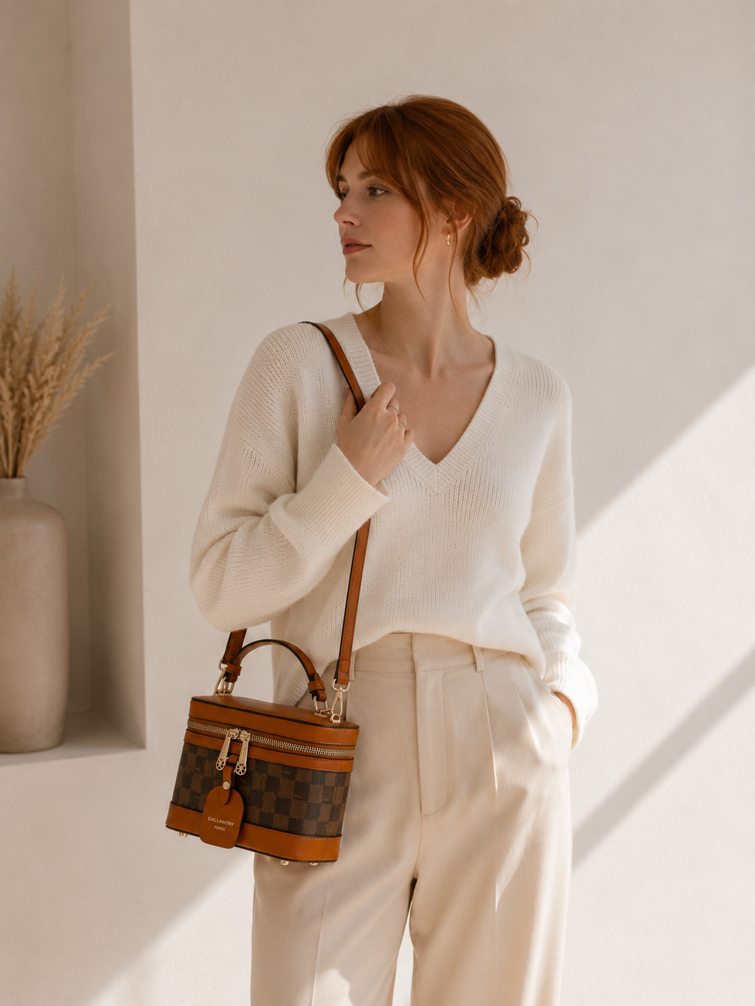 Le Bambino Chic marron porté, sac à main vanity femme à damier – visuel d’ambiance créé avec l’IA – Gallantry Paris