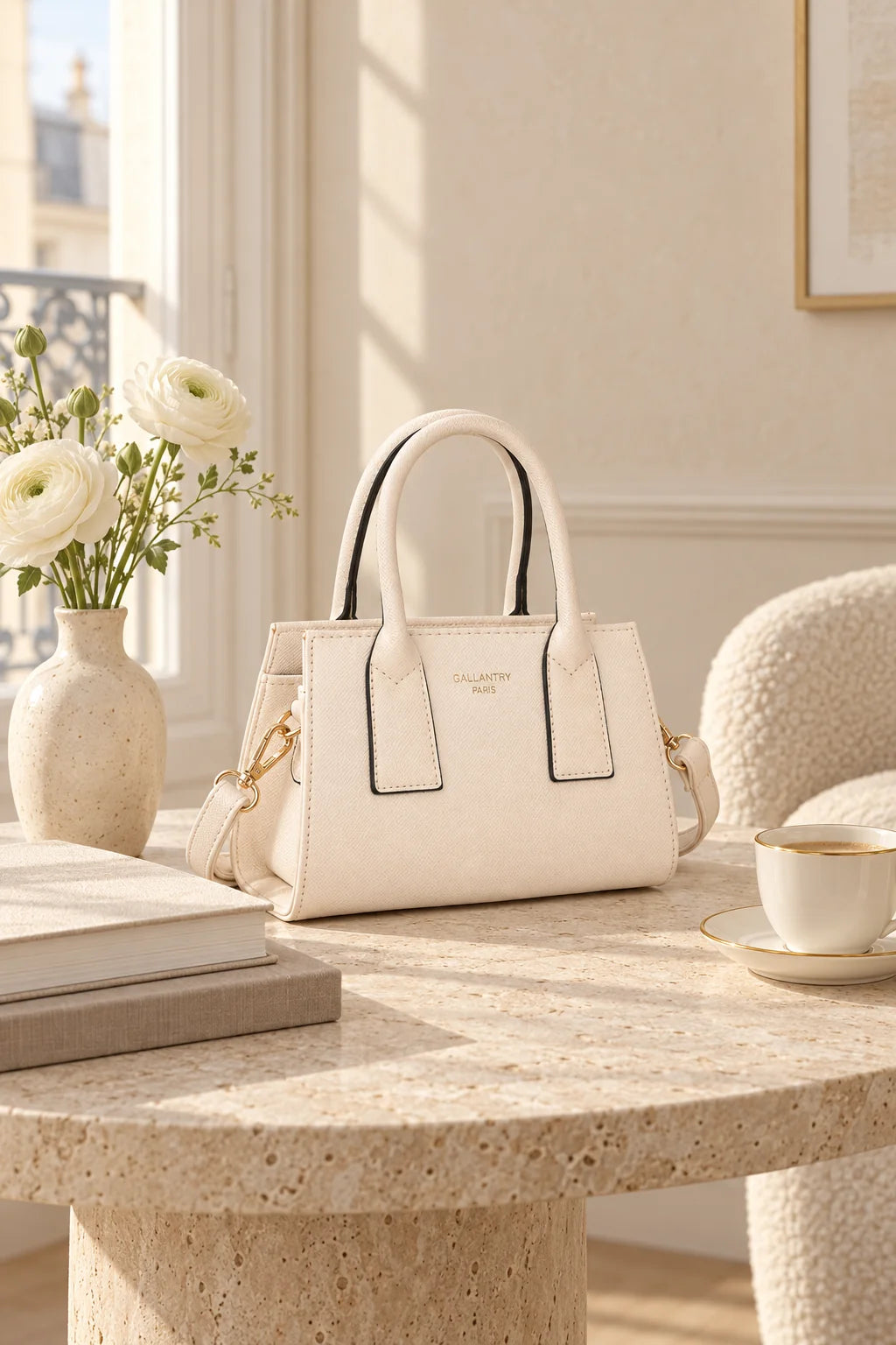Petit sac à main Le Bastien posé dans un décor raffiné aux tons doux – visuel d’ambiance créé avec l’IA – Gallantry Paris