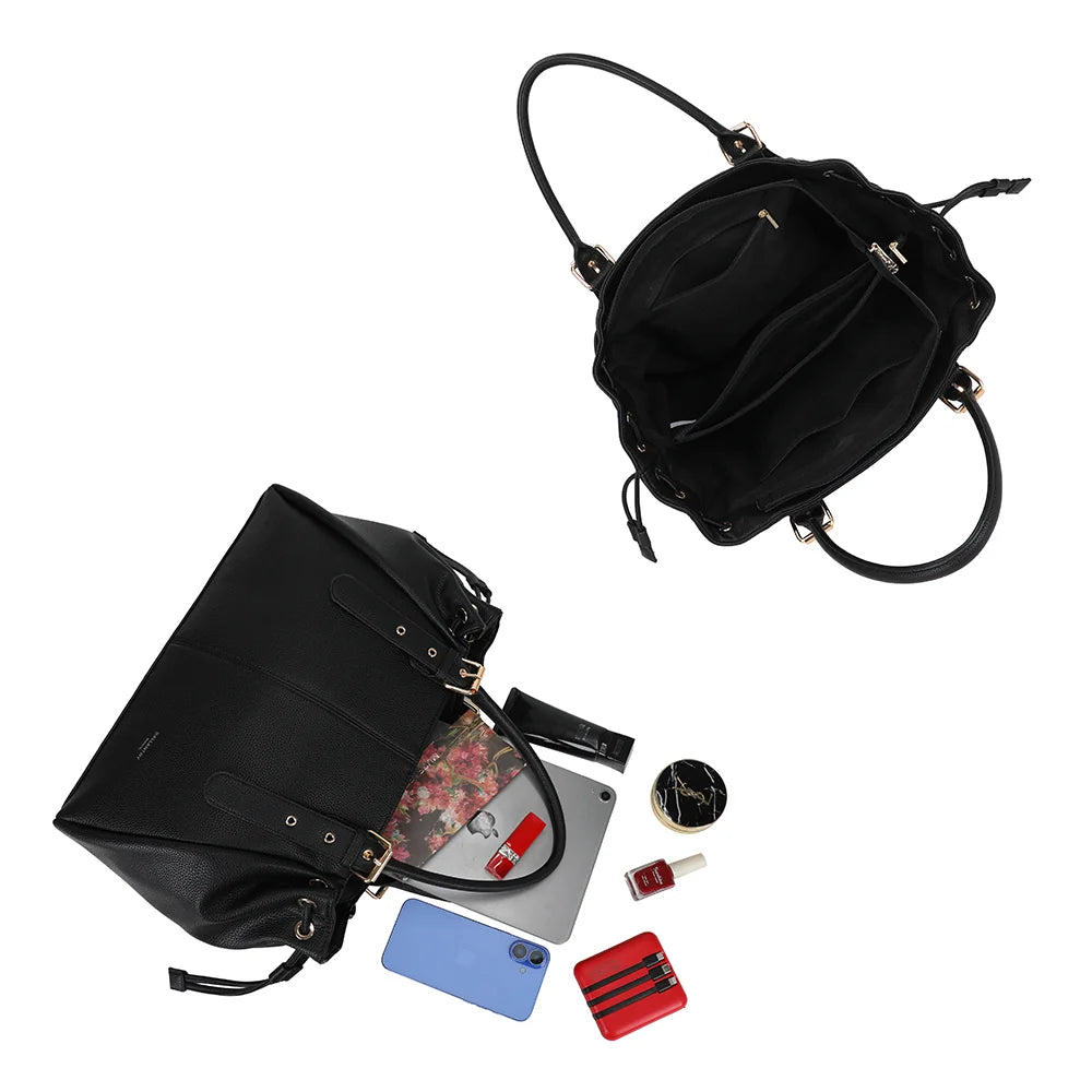 Intérieur du sac cabas Le Beaumont noir : compartiment central zippé, poche zippée et poches plaquées – réf. R-62080-4-AIR