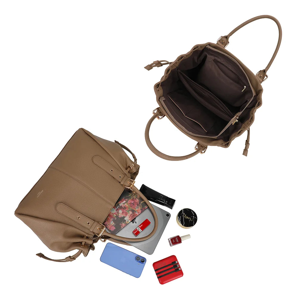 Intérieur du sac cabas Le Beaumont taupe foncé : compartiment central zippé, poche zippée et poches plaquées – réf. R-62080-4-AIR