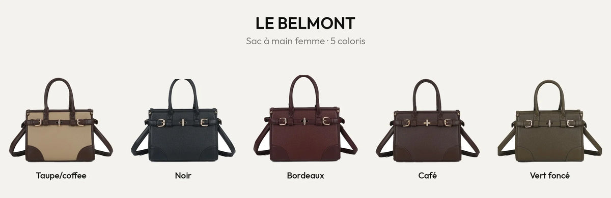Sac à main femme Le Belmont en simili cuir grainé, 5 coloris : Taupe/coffee, Noir, Bordeaux, Coffee et Vert Foncé – Gallantry Paris – réf. R-2062