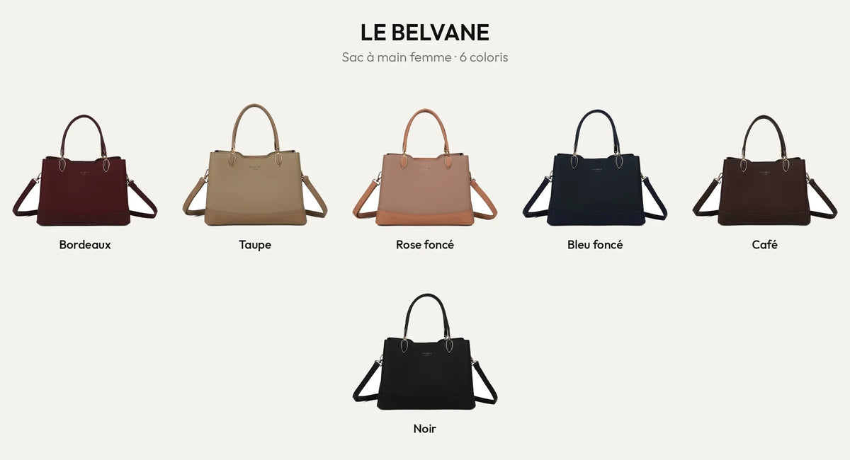 Sac à main femme Le Belvane en 6 coloris : Bordeaux, Taupe, Rose foncé, Bleu Foncé, Coffee et Noir – Gallantry Paris – réf. DQ-8740