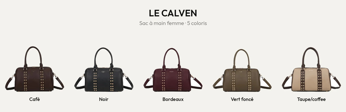 Sac à main femme Le Calven en 5 coloris : Coffee, Noir, Bordeaux, Vert Foncé et Taupe/coffee – Gallantry Paris – réf. R-2079