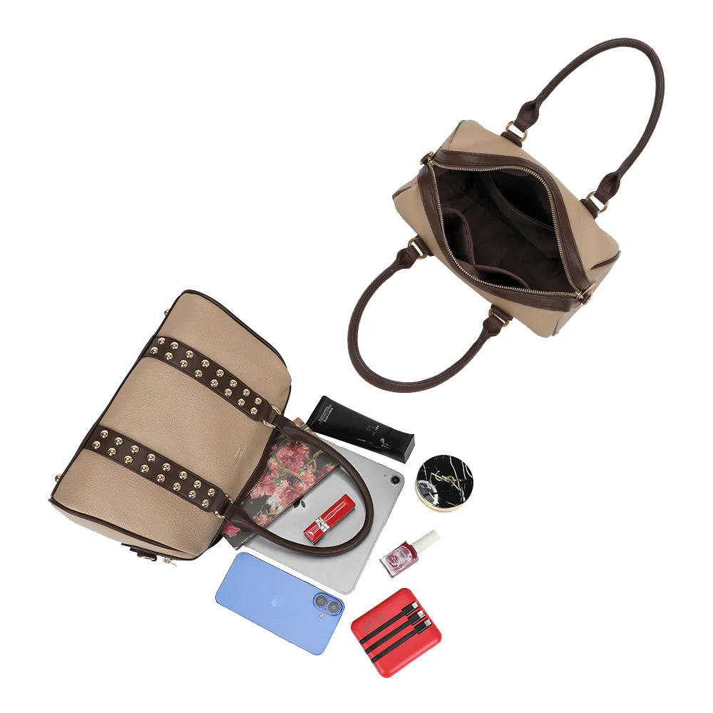 Intérieur du Le Calven taupe/coffee : grand compartiment zippé pour tablette, téléphone et beauté – réf. R-2079