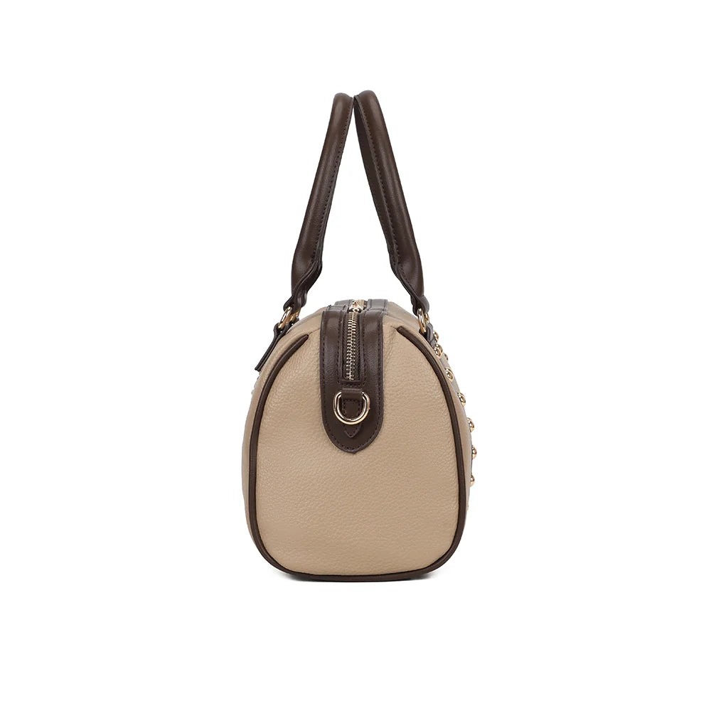 Profil du Le Calven taupe/coffee : forme arrondie et anneau doré pour la bandoulière amovible – réf. R-2079