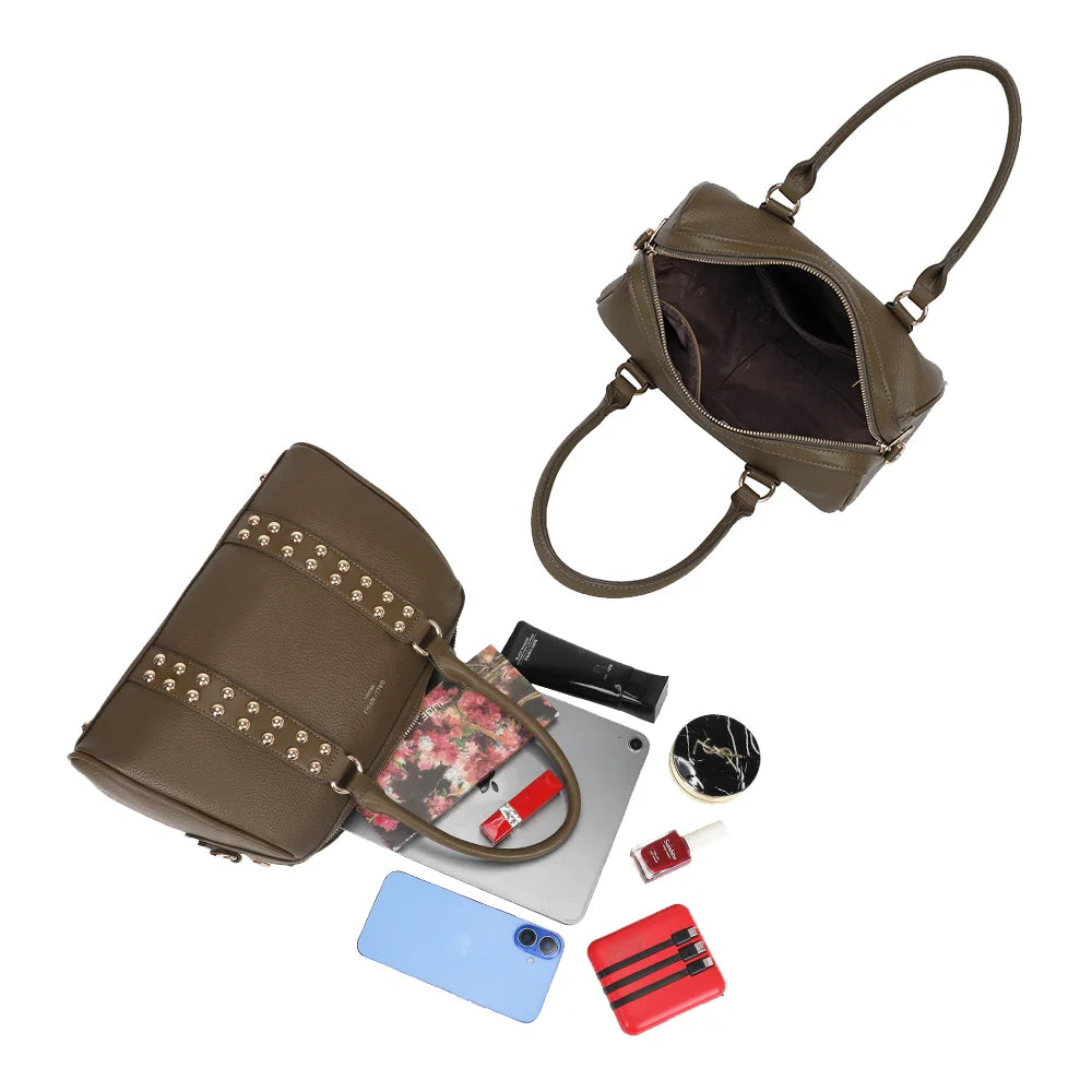 Intérieur du Le Calven vert foncé : grand compartiment zippé pour tablette, téléphone et beauté – réf. R-2079