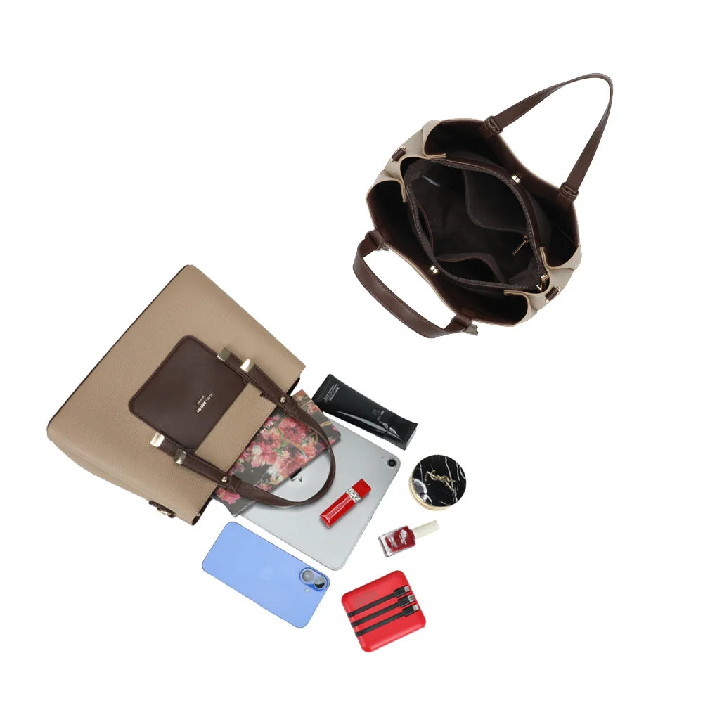 Intérieur du Le Cardinal taupe/coffee : plusieurs compartiments et poches zippées pour ranger téléphone et essentiels – réf. DQ-8736