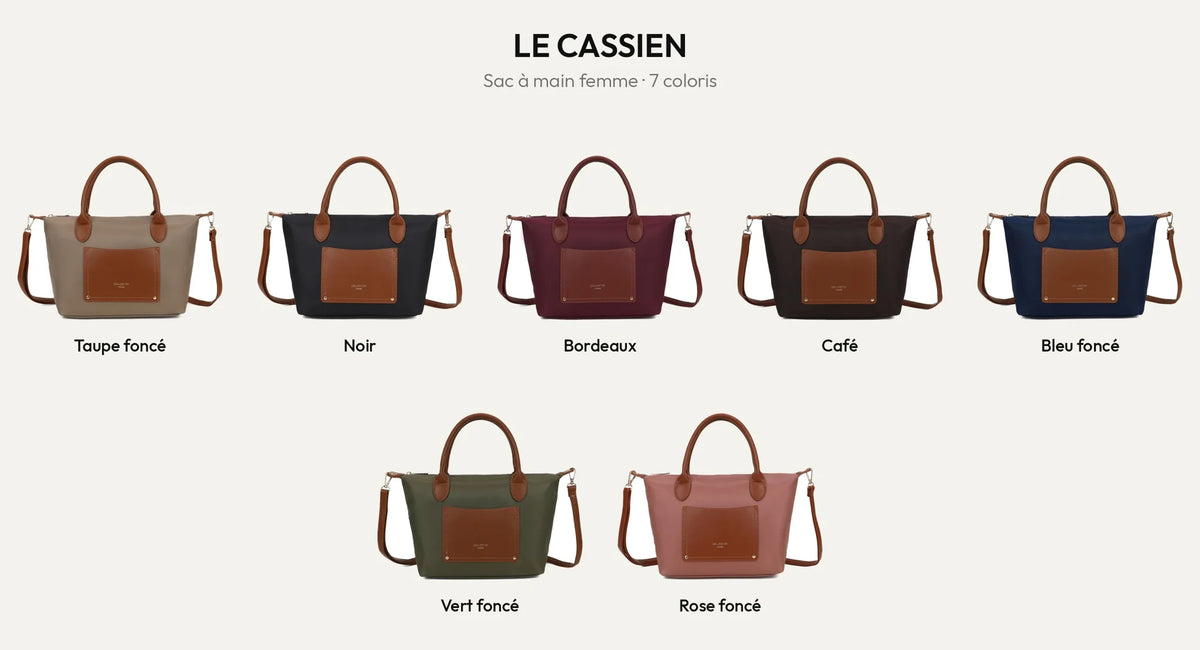Sac à main Le Cassien en 7 coloris : D.TAUPE, Noir, Bordeaux, Coffee, Bleu Foncé, Vert Foncé et Rose foncé – Gallantry Paris – réf. Z-07-1