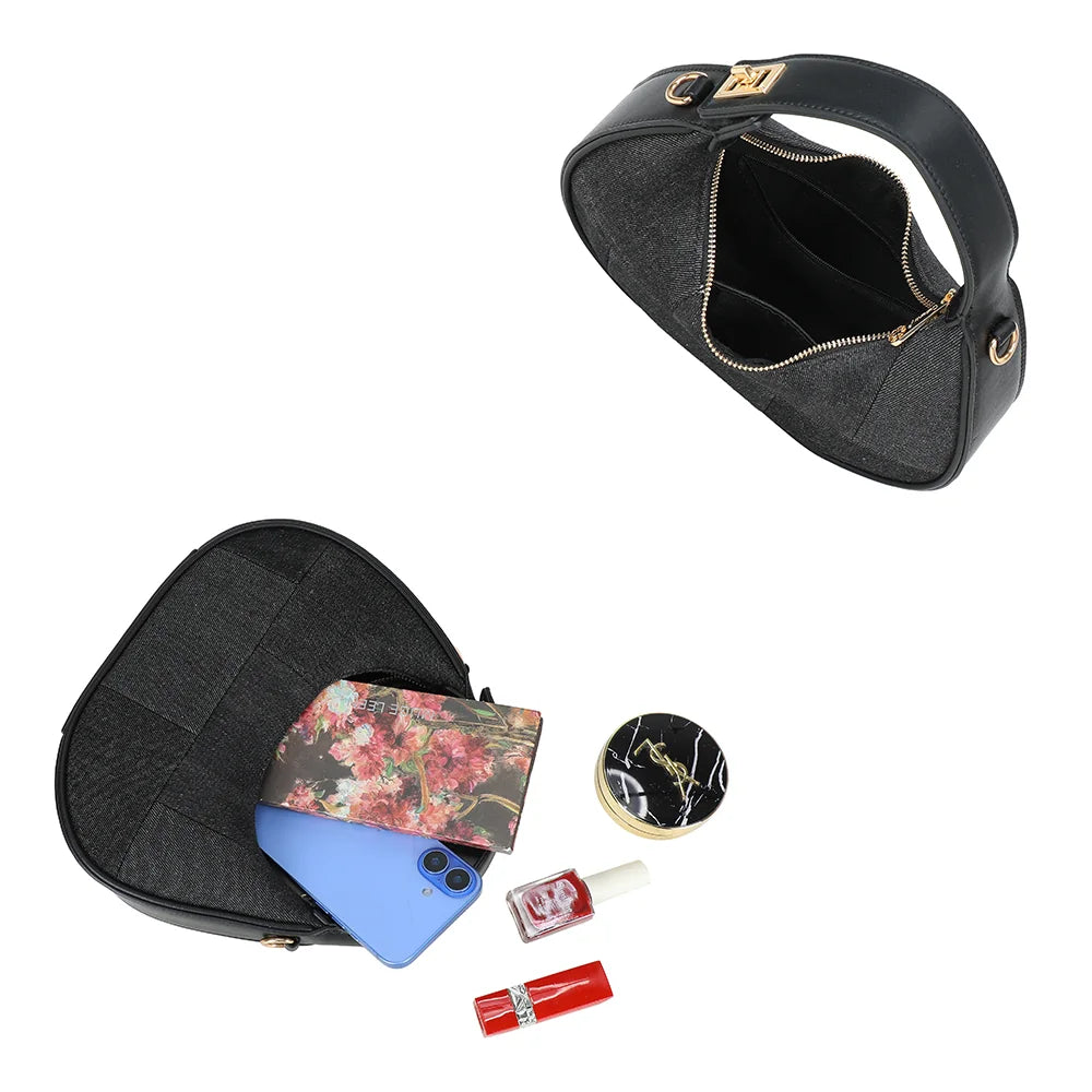Intérieur du Denim Chic noir : compartiment zippé doublé qui accueille téléphone et maquillage – réf. A-9169
