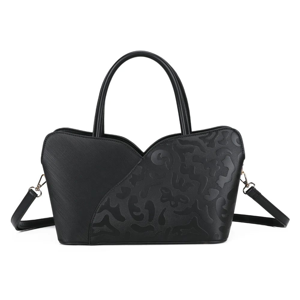 Sac à main femme Le Florélys noir, façade striée et motif embossé, découpe en cœur – Gallantry Paris – réf. DQ-8745