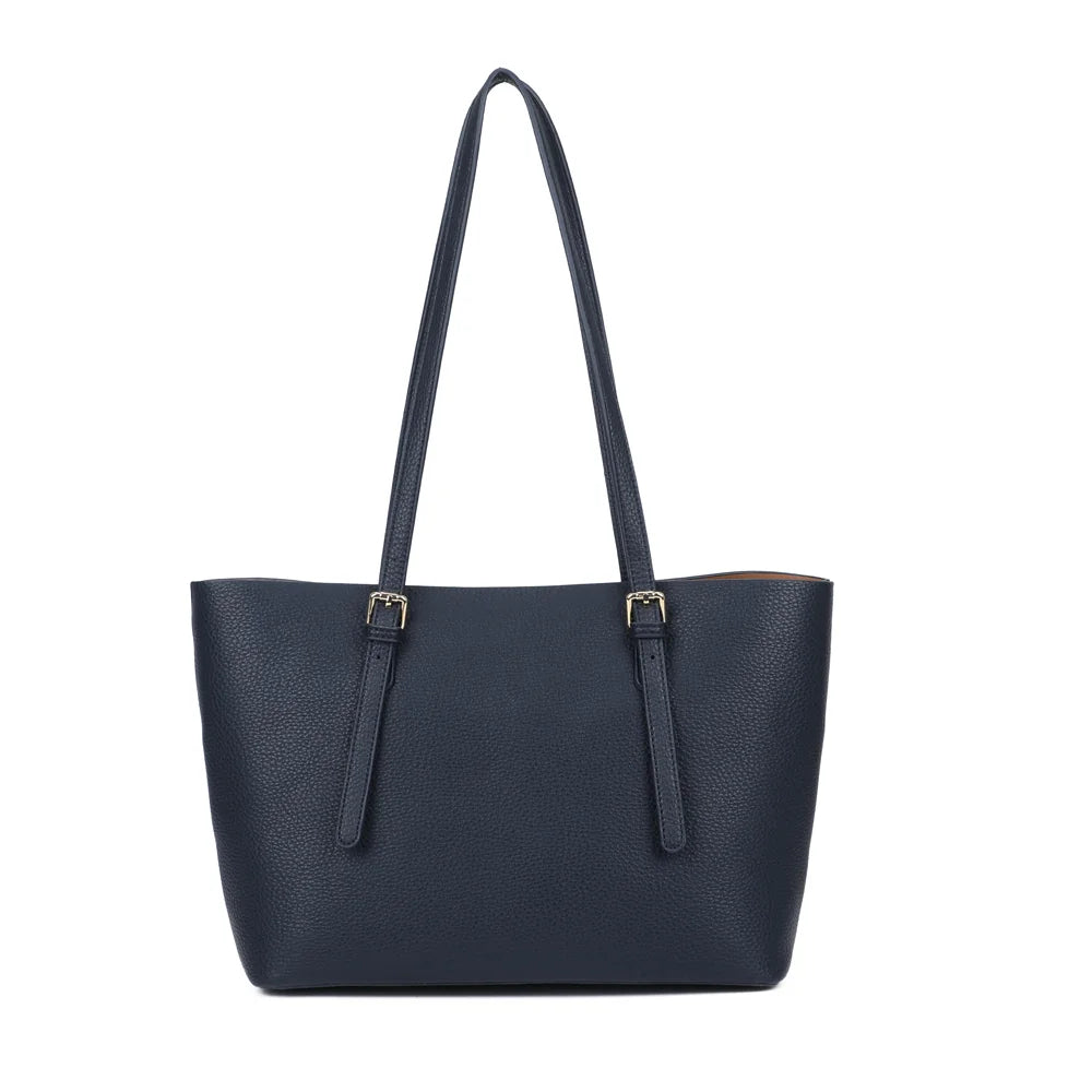 Dos du cabas Le Grandor bleu foncé, simili cuir grainé à la surface régulière et anses assorties – réf. DG-5824