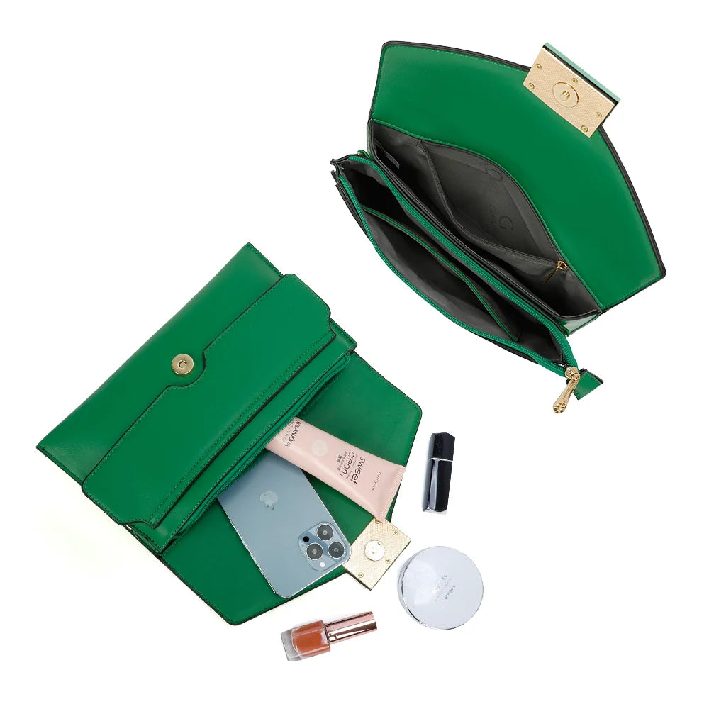 Intérieur de la pochette Le Joyau vert : compartiments et poche zippée pour téléphone, rouge à lèvres et poudrier – réf. R-1682